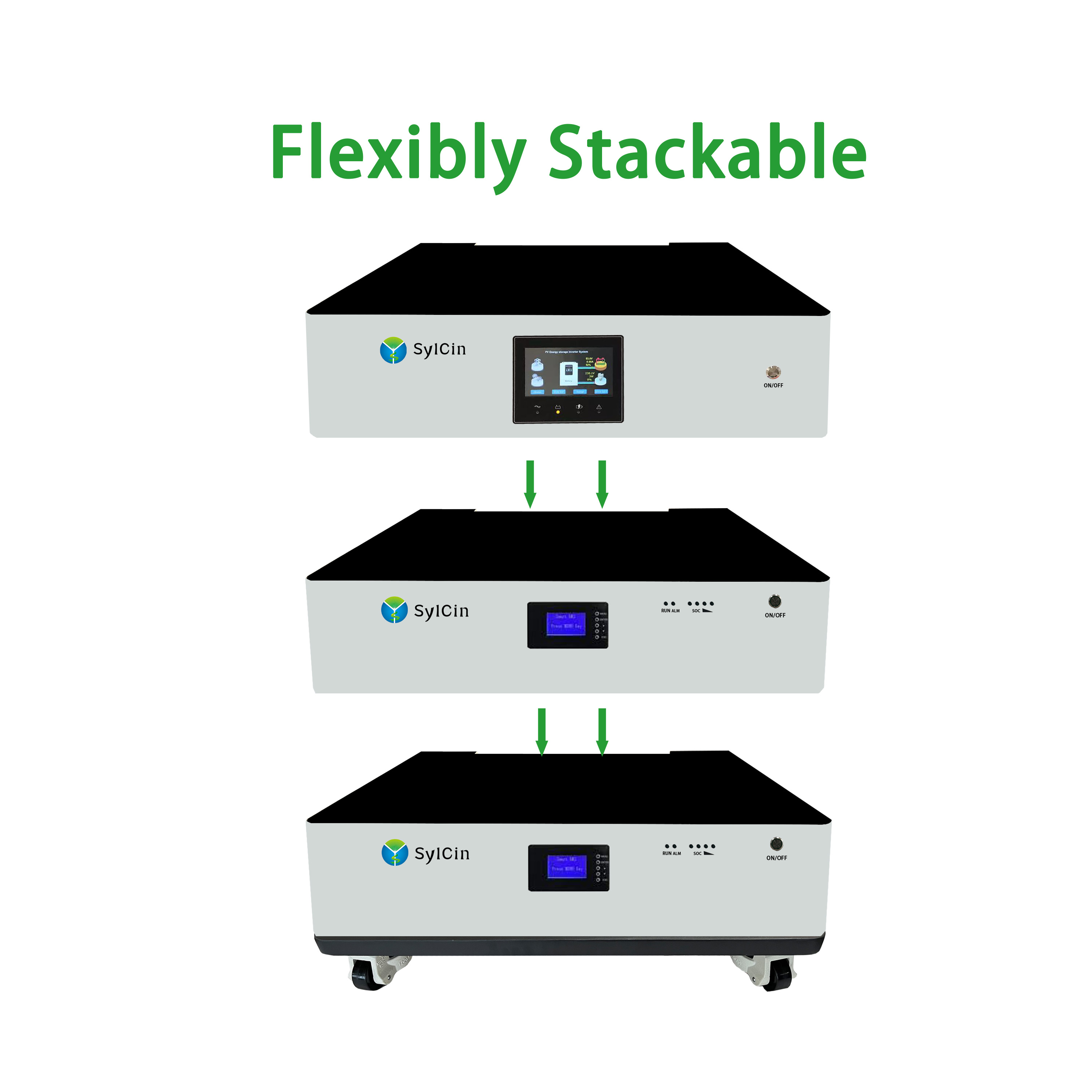 Stackable design of solar lithium battery for flexible installation.